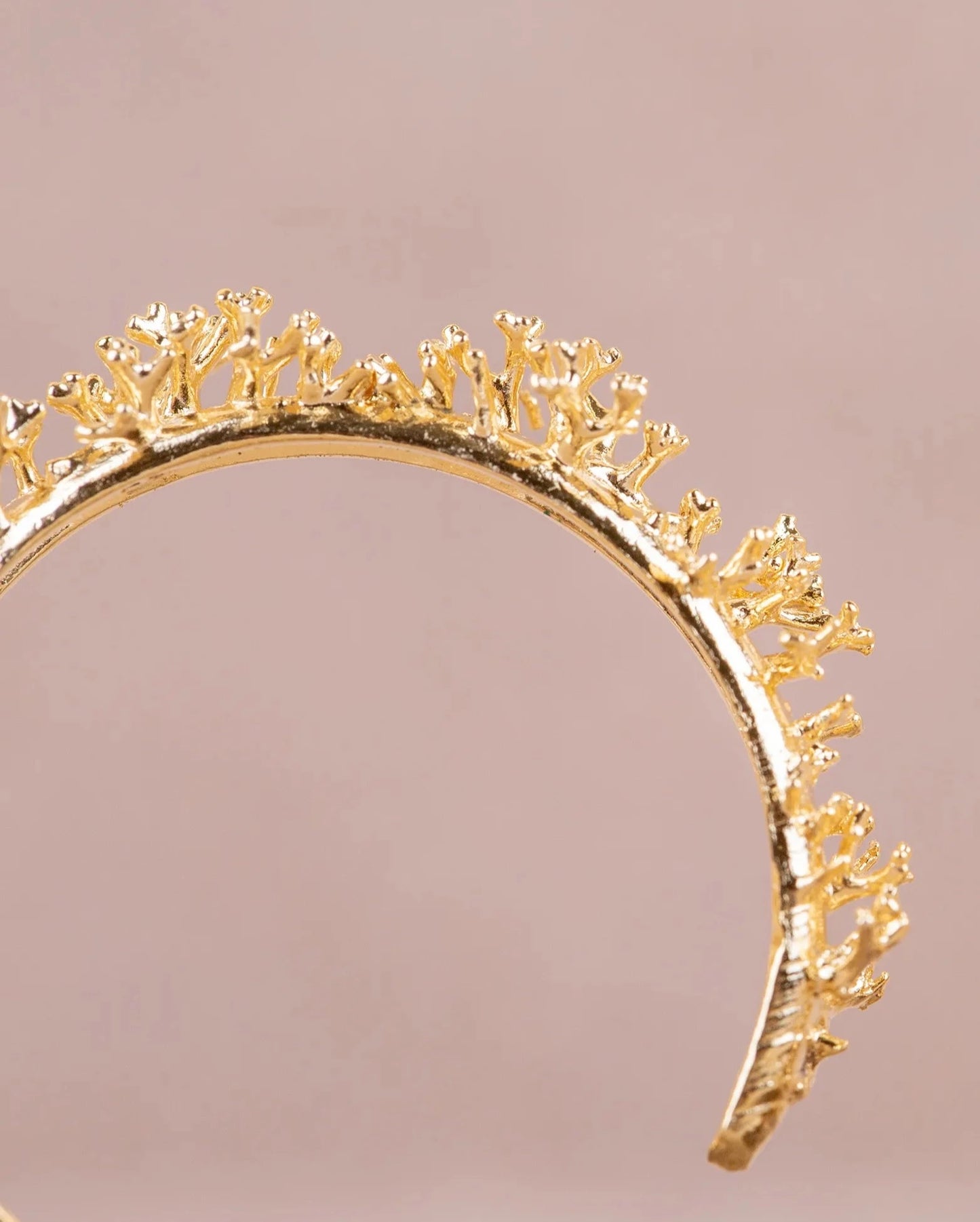 Detalles en macro de los aros de Coralina bañados en Oro.