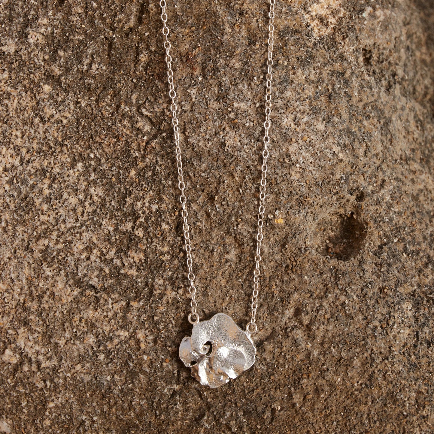 Colgante solitario Pétalo en Plata sobre roca arenosa oscura.