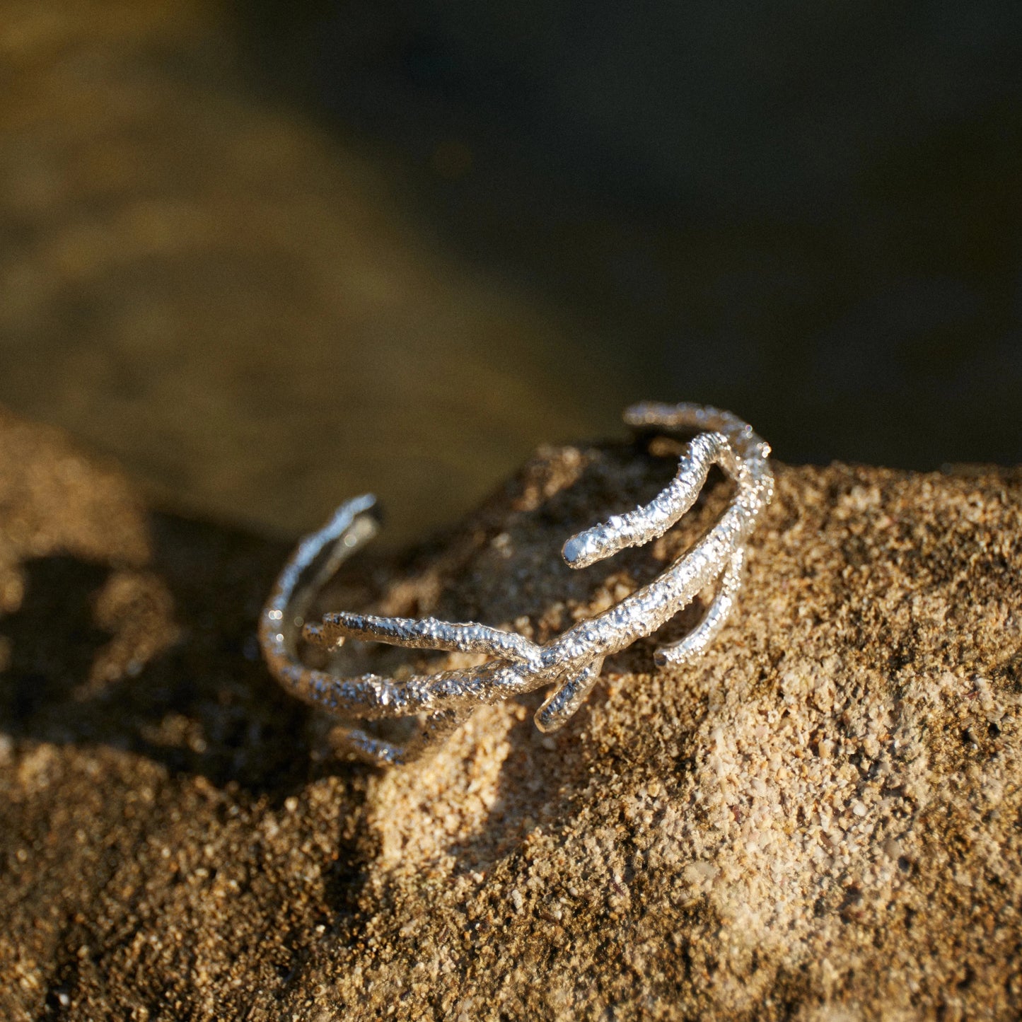 Detalles en macro del Brazalete de Esponja en Plata sobre roca y agua.