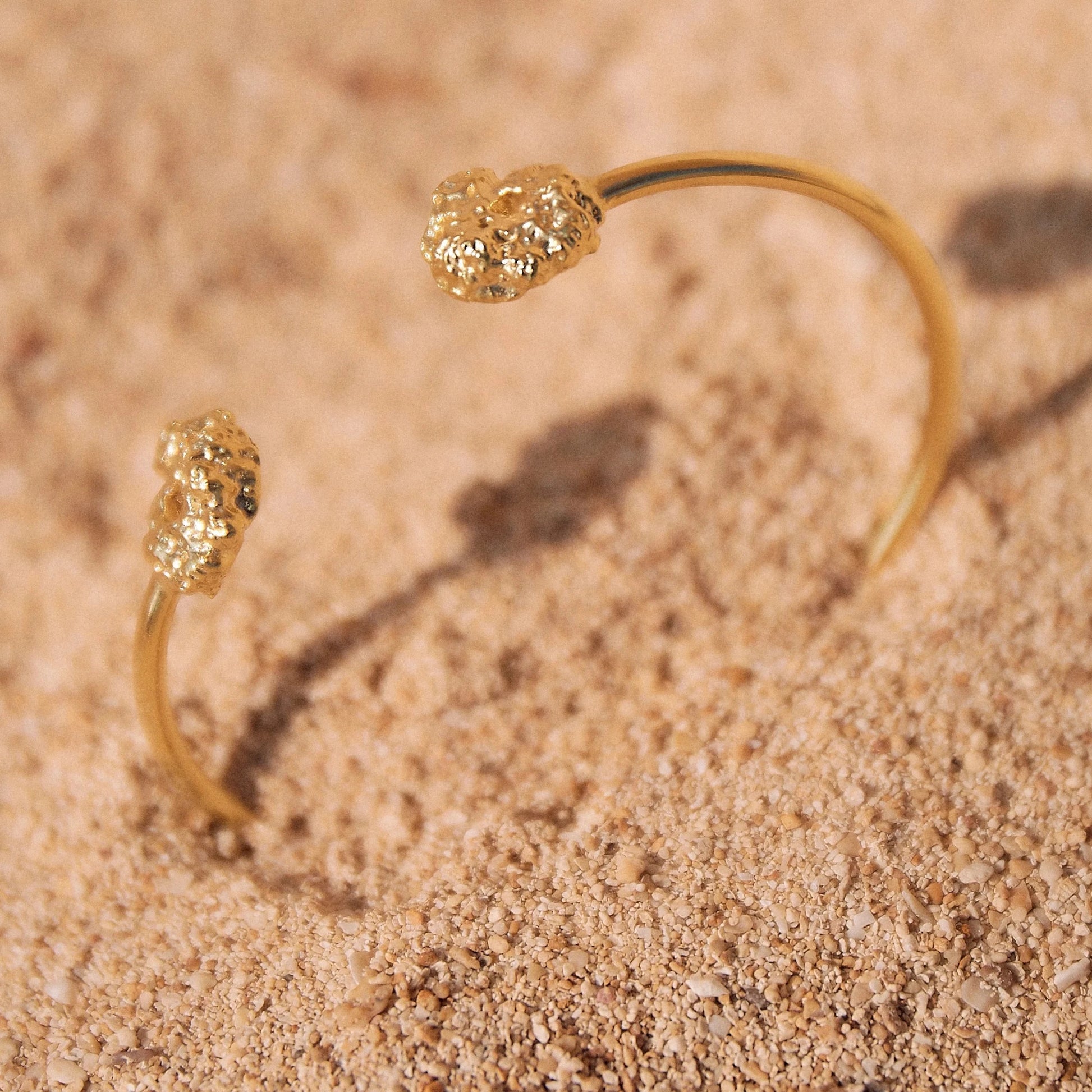 Brazalete de Esponja bañado en Oro en macro parcialmente hundido en la arena.