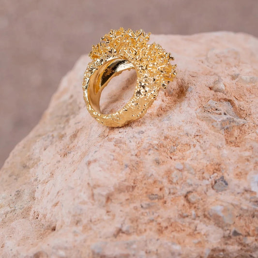 Detalles en macro del Anillo grande de Coralina bañado en Oro sobre una roca.