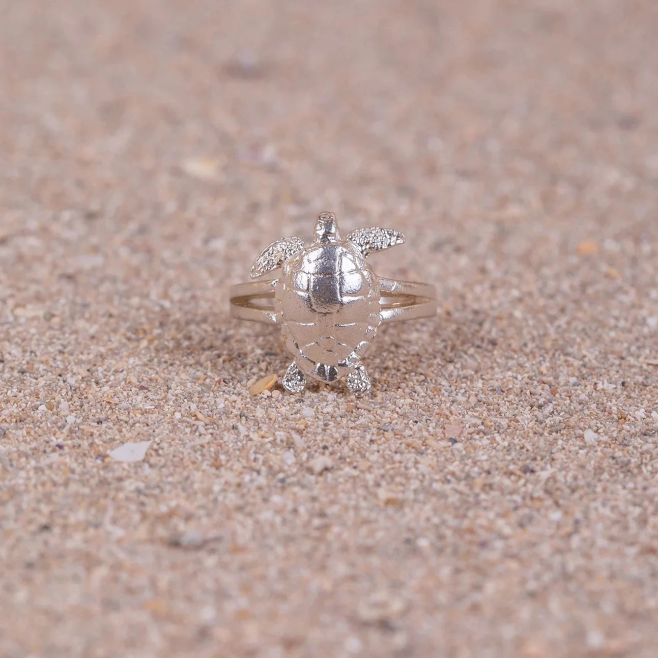 Anillo Cayume (Tortuga) de plata en macro sobre arena.