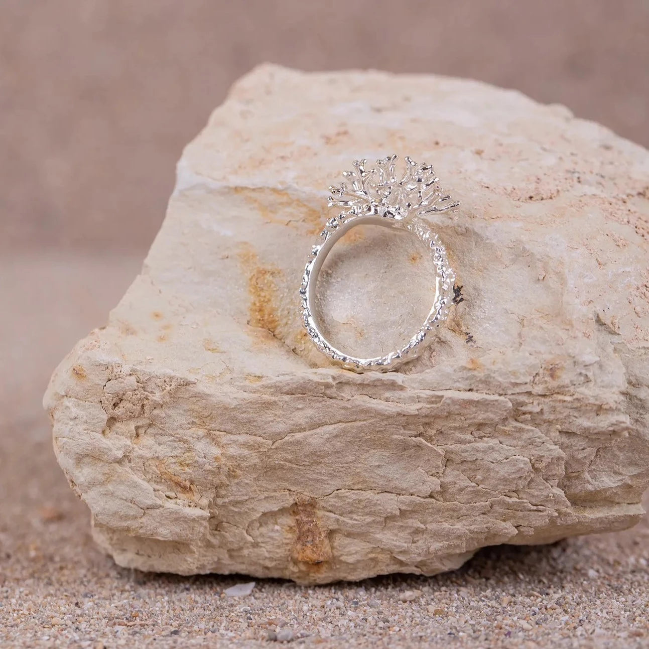 Detalles en macro del Anillo de Coralina en Plata sobre roca blanca.