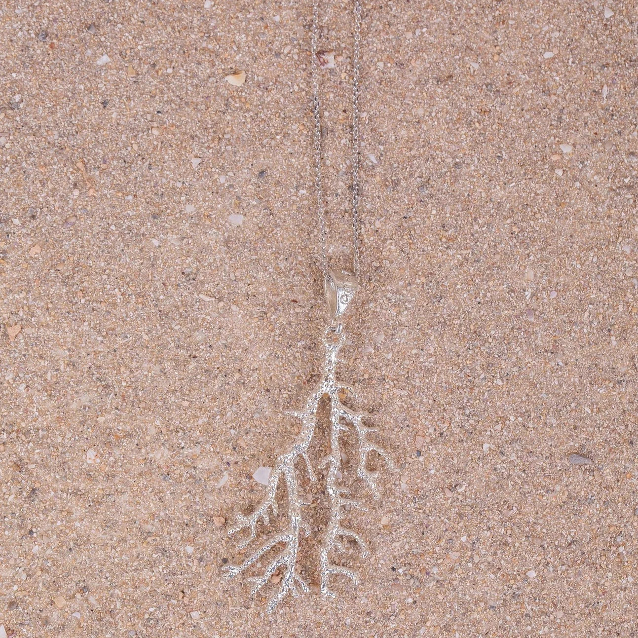 Detalles en macro del Colgante Gorgonia en Plata de 40cm sobre arena.