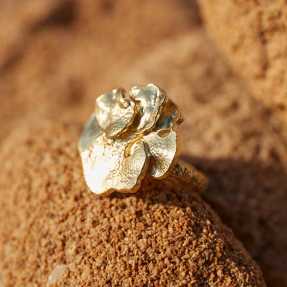 Anillo Pétalo bañado en Oro sobre roca arenosa, detalles del anillo en macro.