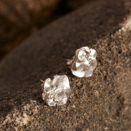 Pendientes de Botón Pétalo en Plata sobre roca oscura, se pueden apreciar los detalles de los pendientes.