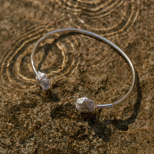 Brazalete Esponja de Plata en Macro sobre el agua con ondulaciones en ella.